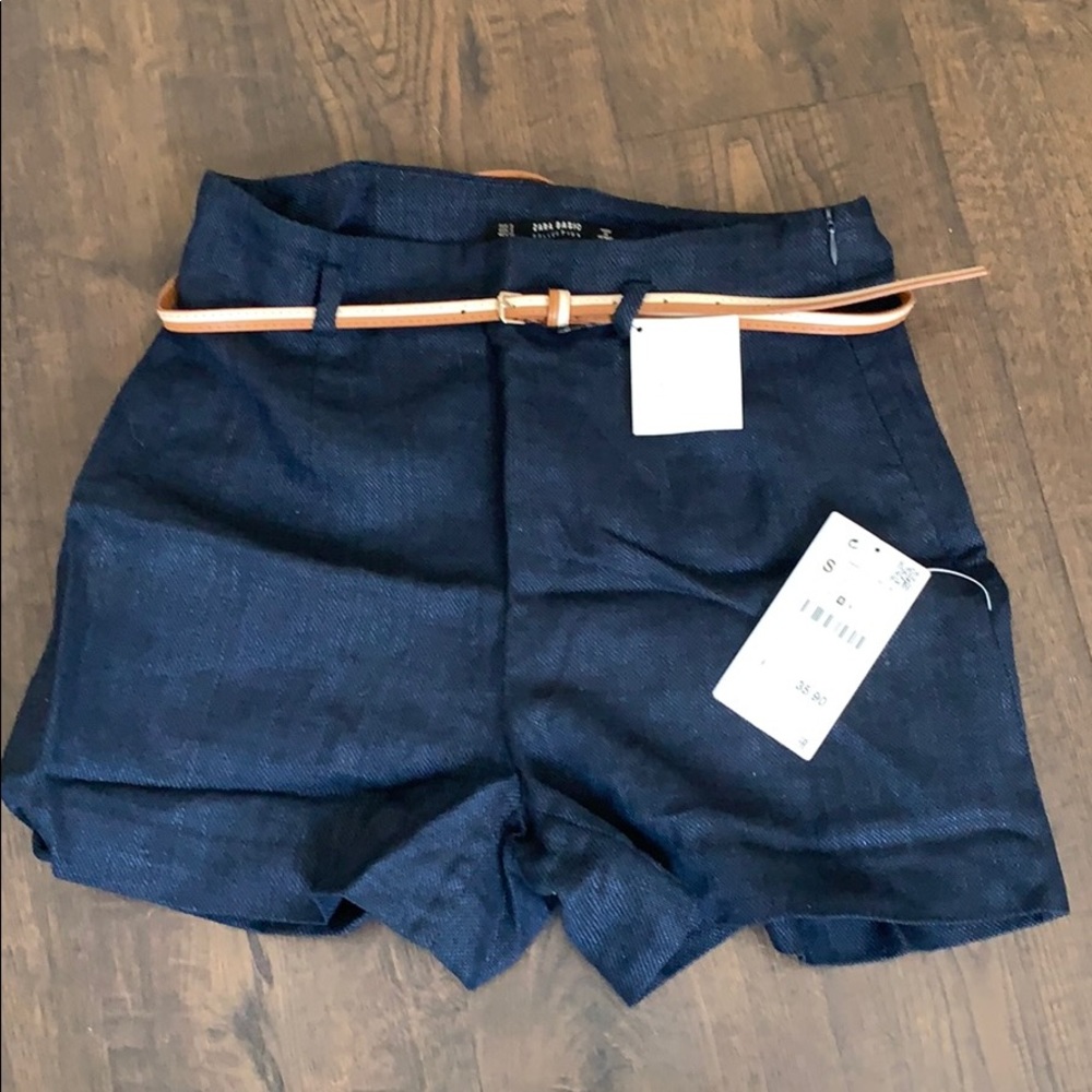 ZARA Basics S Navy Linen Shorts Belted High-Waist